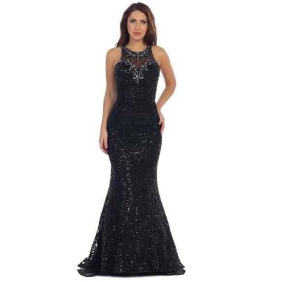 Black Sequin Embellished Fit & Flare Formal Long Dress
